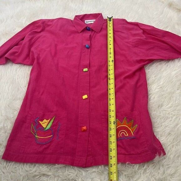 Vintage 80s PETER POPOVITCH Retro Mod Hot Pink Oversized Button Front Blouse Med - Picture 5 of 10